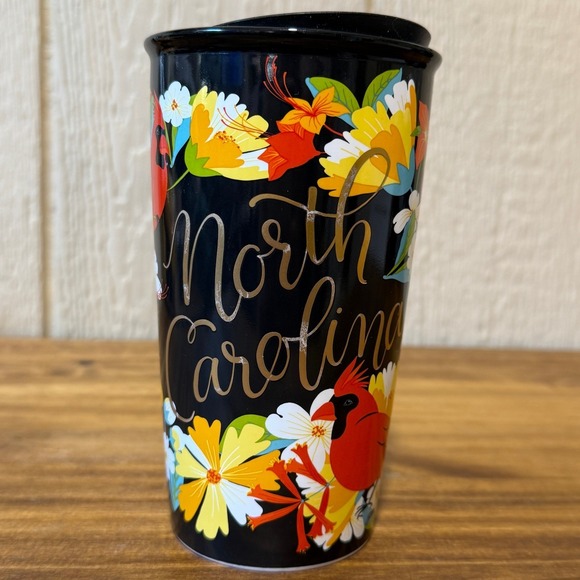 Starbucks North Carolina Floral Cardinal Black Coffee Mug With Lid Ceramic - Picture 1 of 9